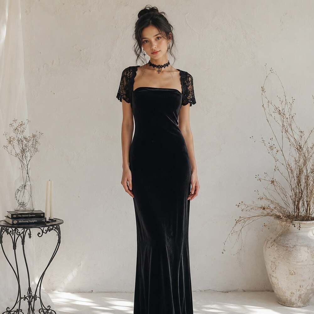Vintage Black Velvet Y2K 90s My Michelle   Whimsigoth Maxi Dress Medium